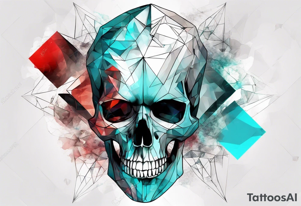Modern and futuristic skull, with poems of a deadline Man, prism light reflection, black, red and cyan, abstract, geometric, fractal chaos tattoo idea