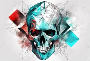 Modern and futuristic skull, with poems of a deadline Man, prism light reflection, black, red and cyan, abstract, geometric, fractal chaos tattoo idea