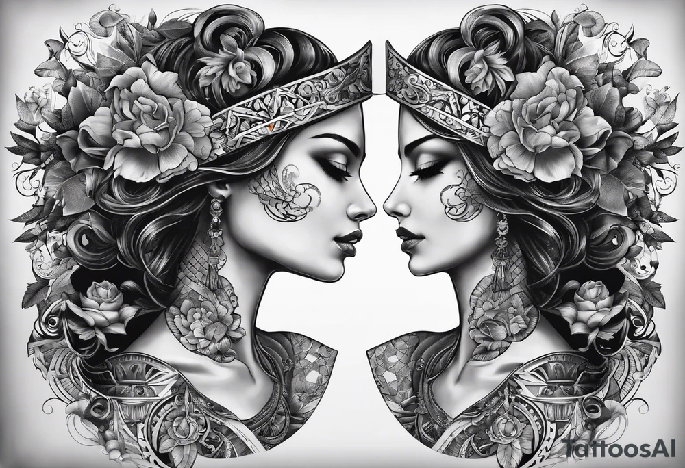 Men's chest tatto with two female psychedelic entities facing each other, meaning that only  their sides are visible. They are holding something which is positioned in the middle of the chest tattoo idea