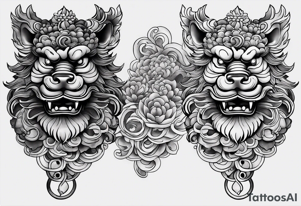 foo dog, powerful, with three eyes, coins around him tattoo idea