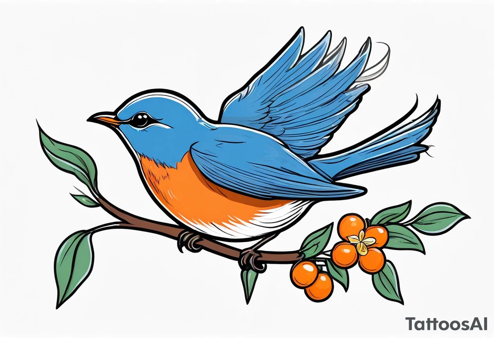 traditional bluebird in flight holding orange blossom branch tattoo idea