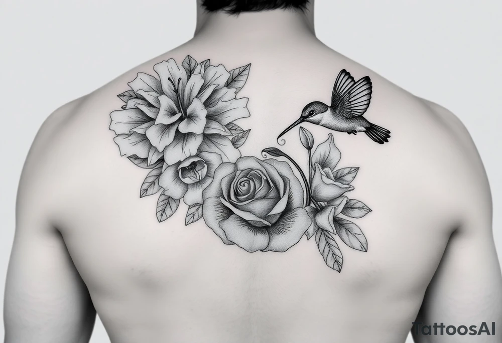 Bouquet of flowers with a carnation, rose, Lily of the valley, delphinium with stems Starting upper middle back to right shoulder With humming bird feeding on rose tattoo idea