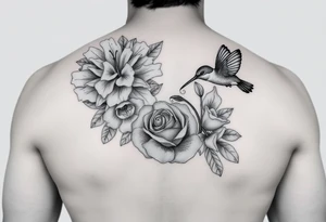 Bouquet of flowers with a carnation, rose, Lily of the valley, delphinium with stems Starting upper middle back to right shoulder With humming bird feeding on rose tattoo idea