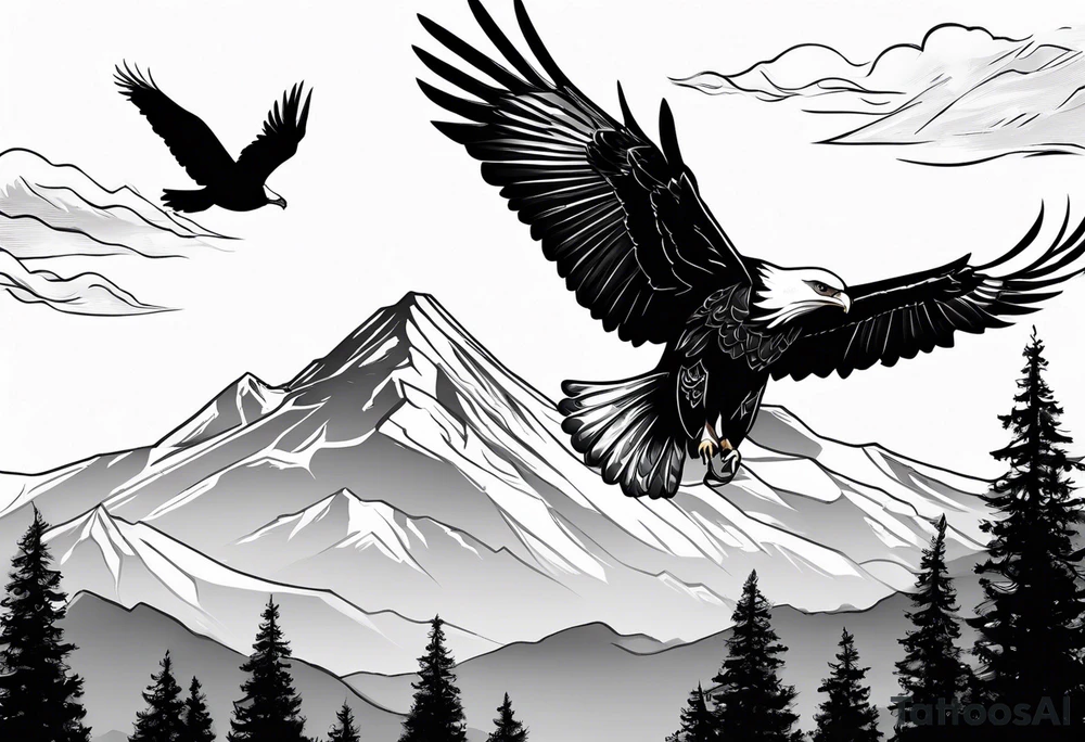 Mountain in the background with trees an eagle soaring with a white dove sitting on a branch at the top of the mountain tattoo idea