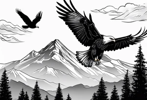 Mountain in the background with trees an eagle soaring with a white dove sitting on a branch at the top of the mountain tattoo idea