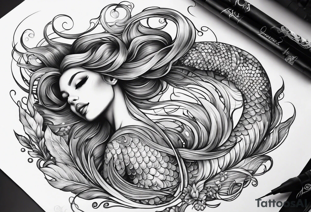 mystical 
 mermaid with long 
flowing tail and hair, tattoo sleeve tattoo idea