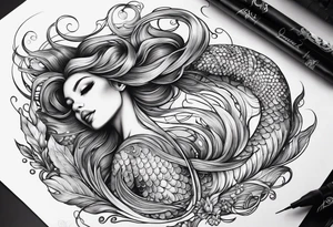 mystical 
 mermaid with long 
flowing tail and hair, tattoo sleeve tattoo idea