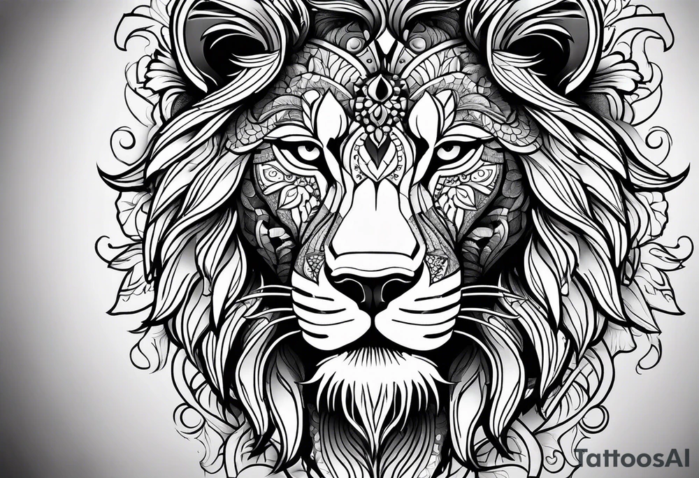 Half lion face half ornate mandala tattoo idea