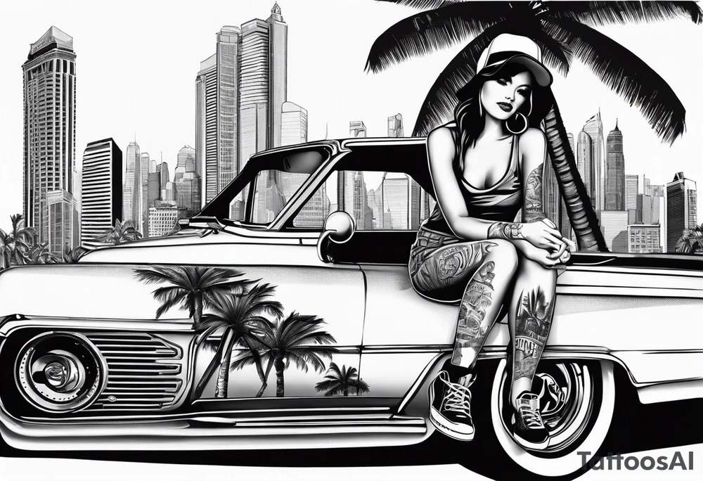 i want a leg tattoo design to be black and white collage with a mix of urban, graffiti, and street art styles. She must wear a cap with graffiti-style lettering on it.Palm trees are integrated into the background, suggesting a tropical or Californian vibe. Below the woman's portrait, there must be a depiction of a classic lowrider car, adding to the urban feel. The words "Live Now" are written in a dynamic, flowing script across the design, further emphasizing the theme of living in the moment. The overall style is a mix of realism and abstract elements, with splashes, drips, and various textures creating a layered, graffiti-inspired aesthetic tattoo idea
