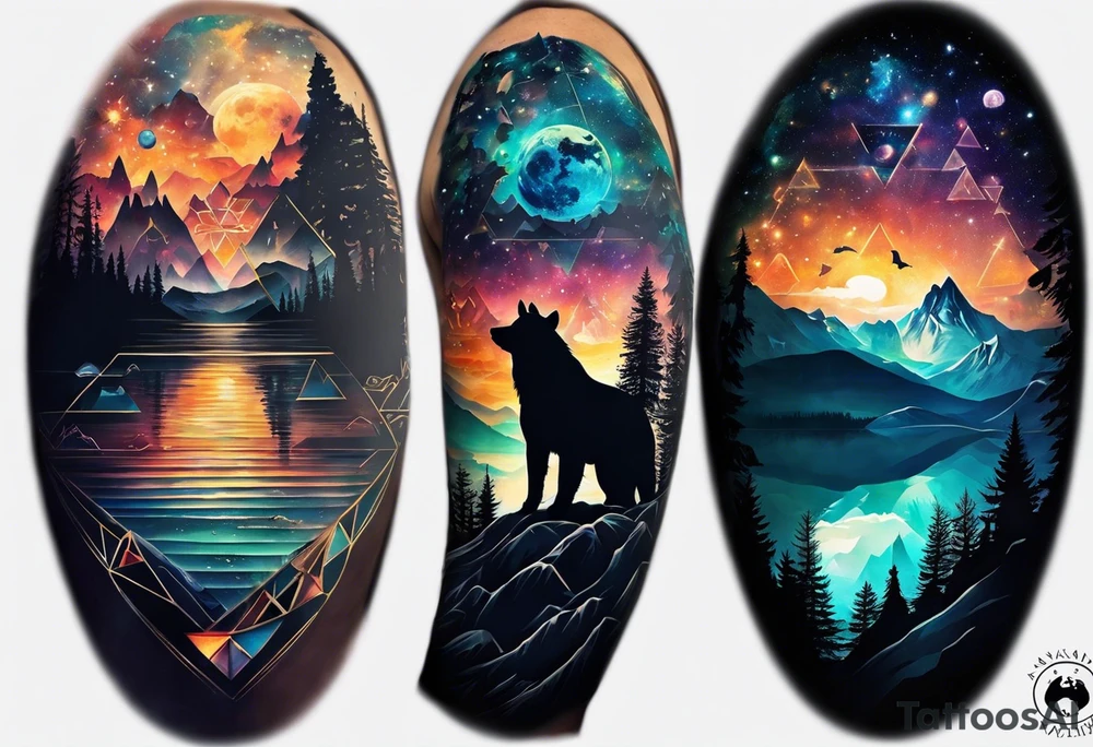Full sleeve tattoo. The design should include space, stars, forest, sunset, mountains, cliffs, waterfall, water, ocean, wild animals (bear, wolves, elephant), and inserts of triangles and geometric figures. I have two children – a son, Sergei (the eldest), and a daughter, Anna, who live with me and my wife. But I also have another daughter, Marianna, whom I haven't seen for a long time and eagerly await to meet. The tattoo should symbolize love and protection for my children and family, the desire to secure their future, and confidence in tomorrow. It should reflect the notion of not looking back, but always moving forward and achieving goals! tattoo idea