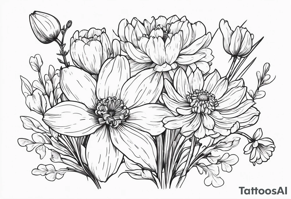 Narcissus, Chrysanthemum, Cosmos, snow drop that shows all the flower stems for the back of the arm. tattoo idea