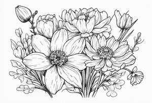 Narcissus, Chrysanthemum, Cosmos, snow drop that shows all the flower stems for the back of the arm. tattoo idea
