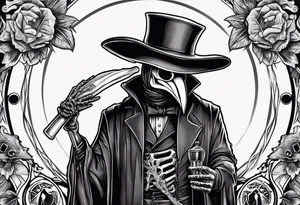 plague doctor with a skeleton hand holding medicine tattoo idea