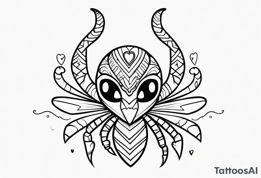 Scorpion drawn in Powerpuff girl style with body segments, head and claws made of hearts tattoo idea