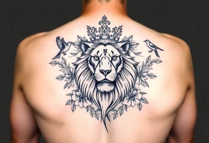powerful majestic lion with a crown, surrounded by floral ornaments and birds tattoo idea