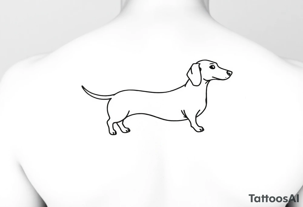 A minimalist black and white tattoo design featuring a dachshund (sausage dog). The dog’s long body forms a continuous, single bold line that wraps around the arm in a spiral, starting with the tail and ending with the head and face. The design should look elegant, clean, and playful, emphasizing the dachshund’s elongated shape and flowing movement around the arm. tattoo idea