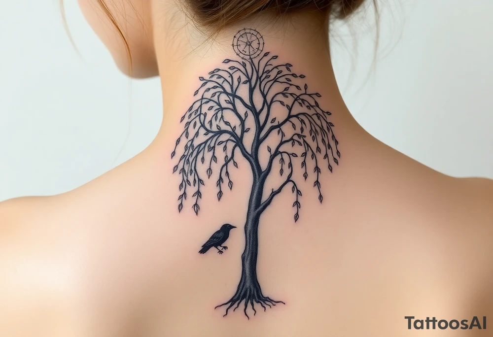 Weeping willow with starry sky background with zodiac constellations in it with runes and ravens tattoo idea