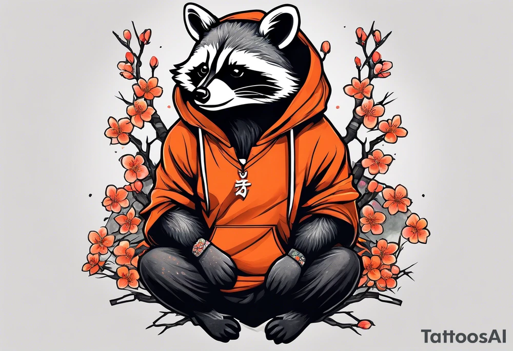 Raccoon wearing a white Superman logo on a black hoodie and orange Japanese cherry blossoms beside tattoo idea