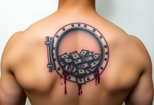 Open vault full of money with splatters of blood tattoo idea