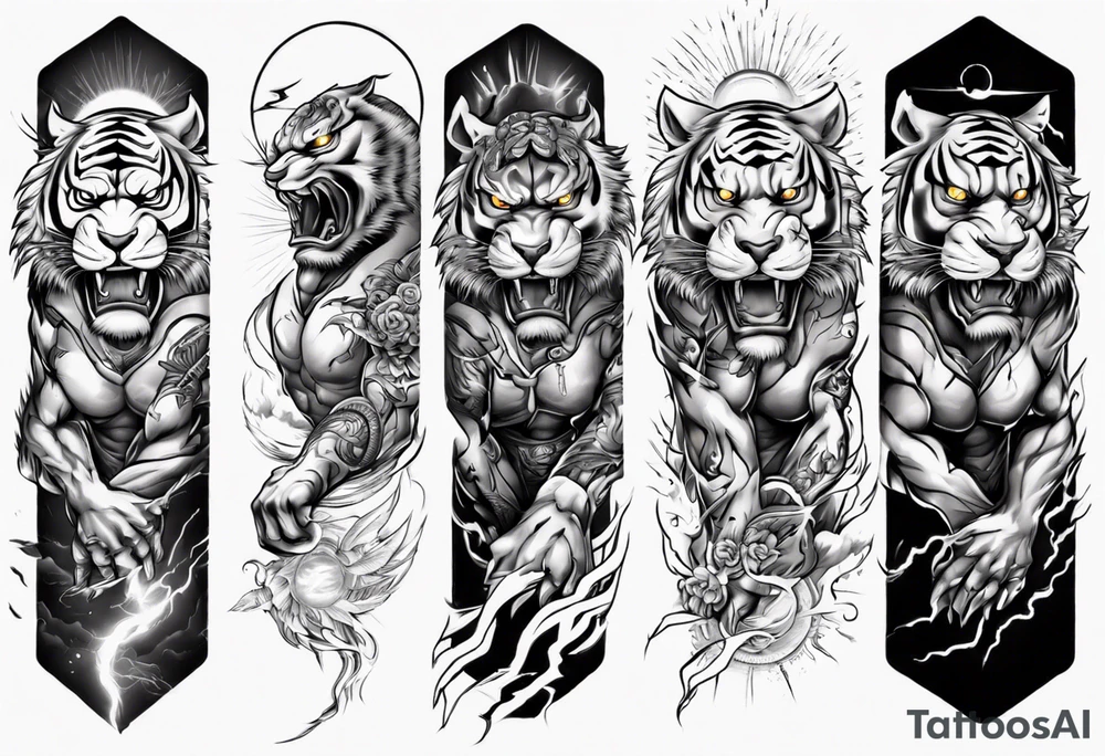 tiger warrior with lightning and the sun for a forearm sleeve tattoo idea