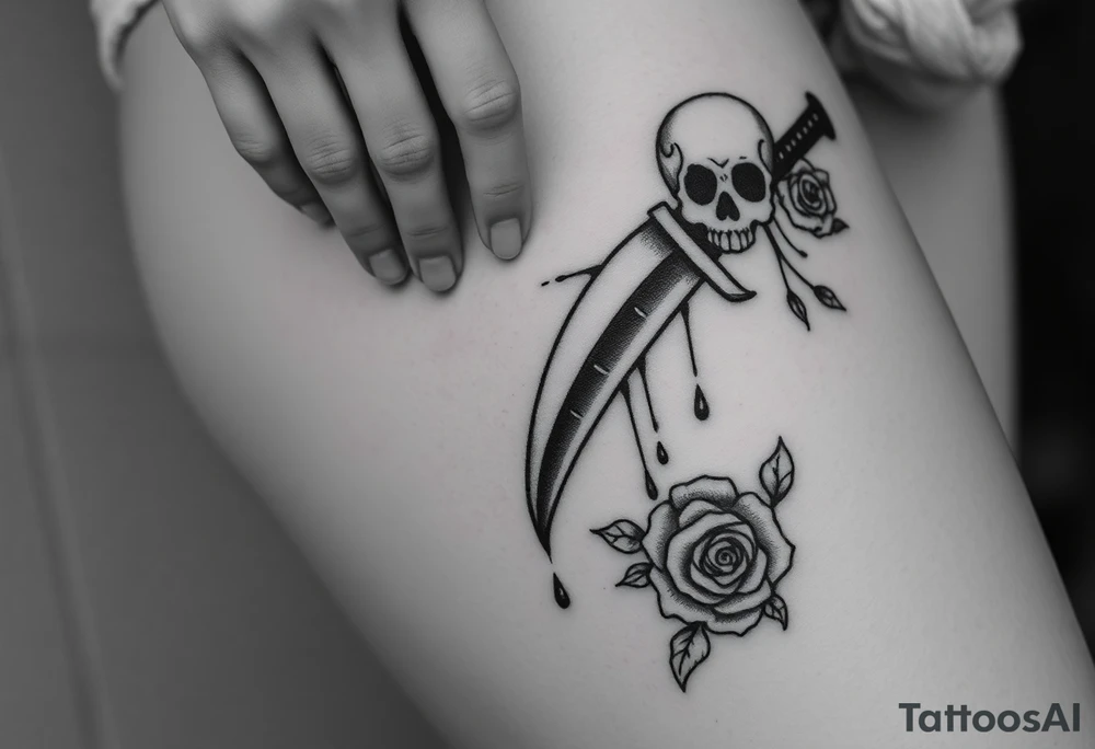 en el caos encontré mi forma favorita 
de amarte somos veneno y promesa.  Add around 

Woman’s hand reaching down grabbing blade handle, skeleton head on right under blade, rise on right under blade, blood dry from tip of blade, skeleton hand reaching for Blade tip. Just the hand and place above blade handle reaching for handle. Skull and rose underneath blade. Just the skeleton hand reaching for tip of knife which is dripping blood. tattoo idea