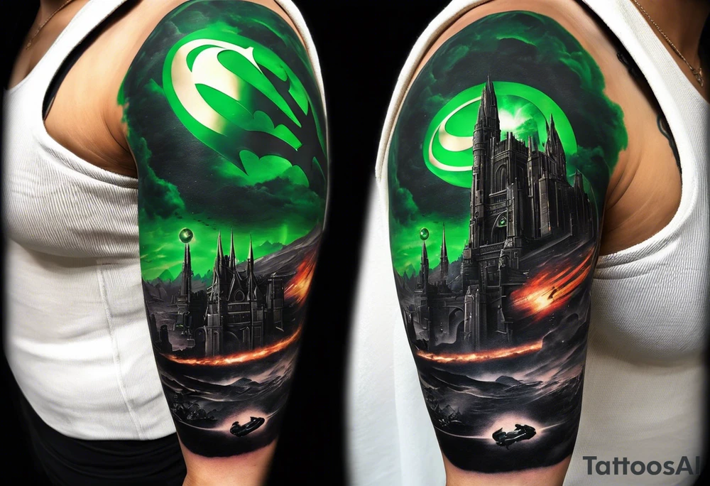 Full arm sleeve tattoo extending from shoulder to wrist featuring the Superman shield, Batman emblem, Green Lantern Corp emblem, Star Wars Rebel Alliance emblem, the Death Star. I'd like the area filled around to resemble landscape and architecture from Lord of the Rings tattoo idea