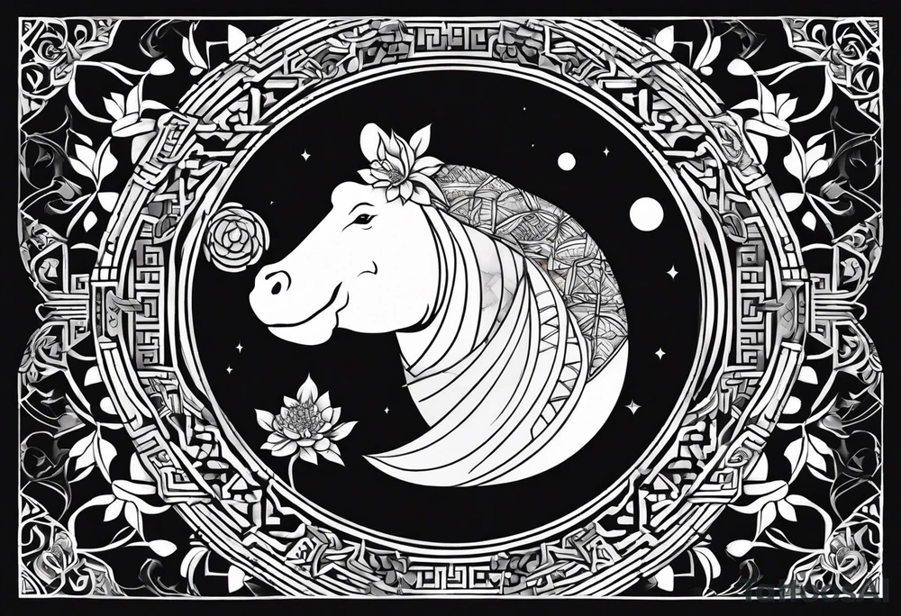 Very asymmetrical, +geometric pattern, with realistic full moon, with seeious looking hippo, +zen feel, + Buddhism touch, +tribal, +geometric
with wintersweet flower bud, +portrait orientation, +inkart touch, tattoo idea