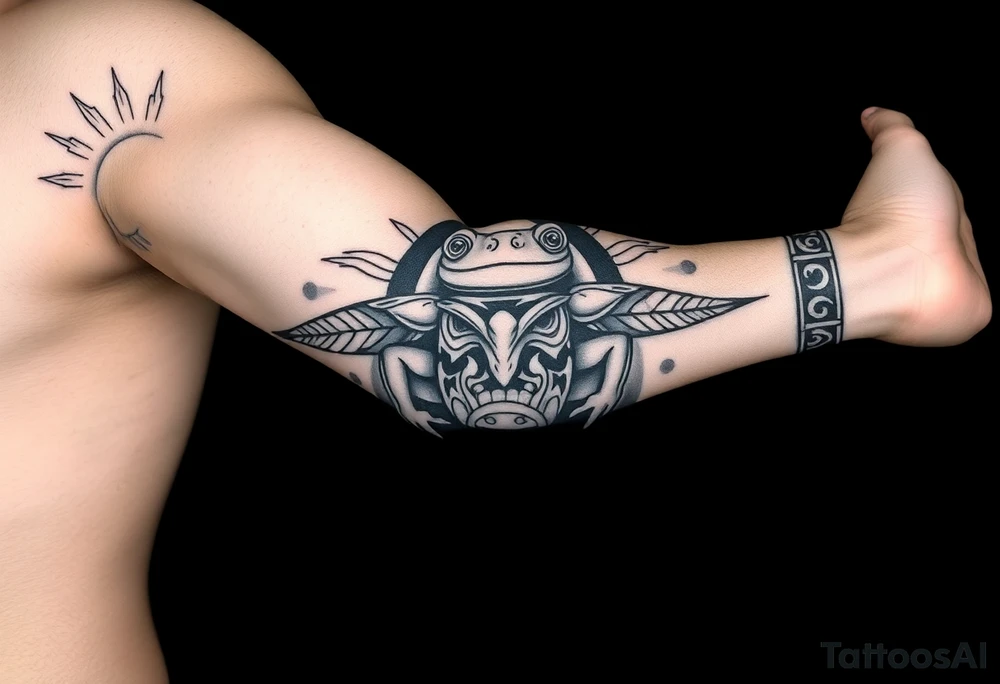 [ Elbow Cap ]
↑   Sun with tribal rays wrapping around
↑   Shark tooth band & wave divider
↑   Central panel: Coquí frog in tribal style
↑   Spiral swirl (Taíno) near vein-side
↑   Marquesan-style fish scale panel
↑   Zemi spirit mask or face
↑   Spearhead band near wrist
[ Wrist ] tattoo idea