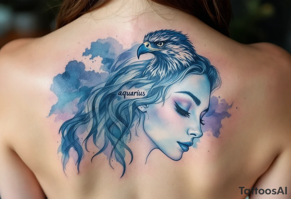 An Aquarius goddess with an eagle perched on her shoulde with word "aquarius" tattoo idea