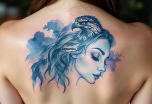 An Aquarius goddess with an eagle perched on her shoulde with word "aquarius" tattoo idea