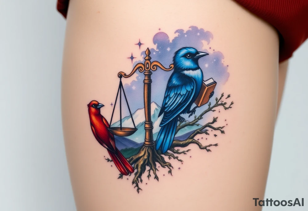 one of the birds red wearing a suit, other bird navy blue with glasses or holding a book, scales of justice built into a tree, starry night painting and mountain background tattoo idea