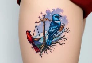 one of the birds red wearing a suit, other bird navy blue with glasses or holding a book, scales of justice built into a tree, starry night painting and mountain background tattoo idea
