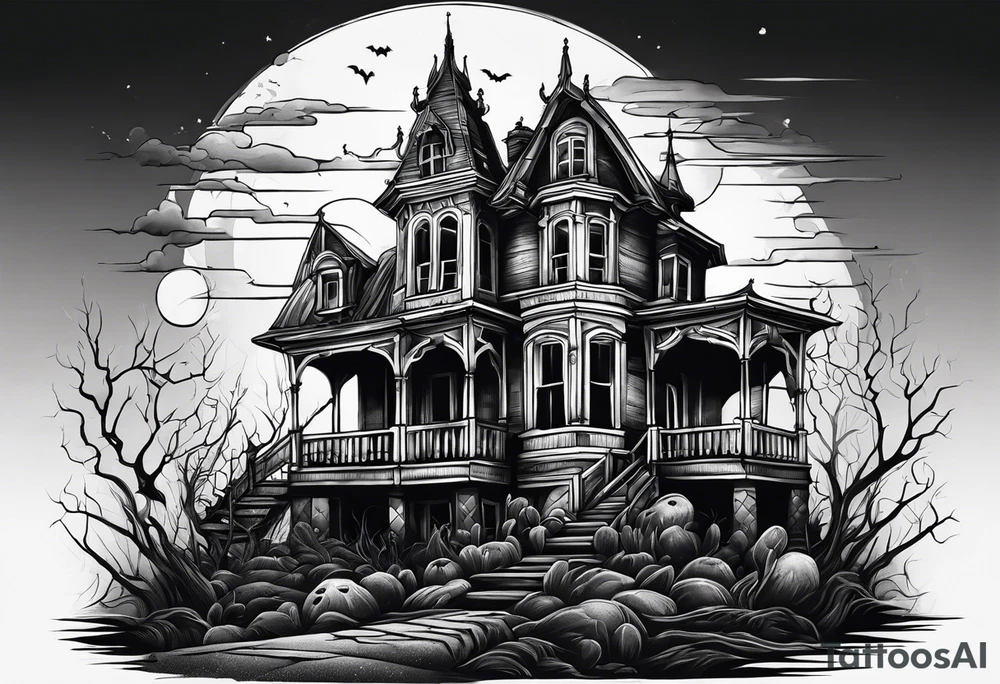 Scary rotting haunted house tattoo idea