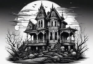 Scary rotting haunted house tattoo idea