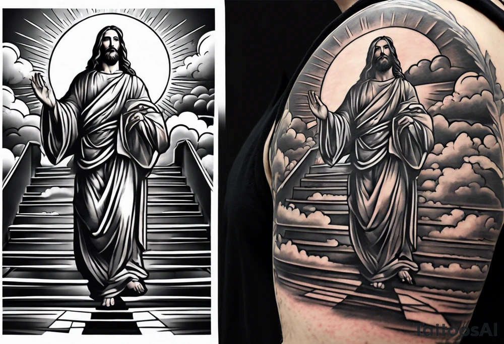 Jesus standing on a flight of stairs with clouds, sunshine and a dove in the background on the upper arm tattoo idea