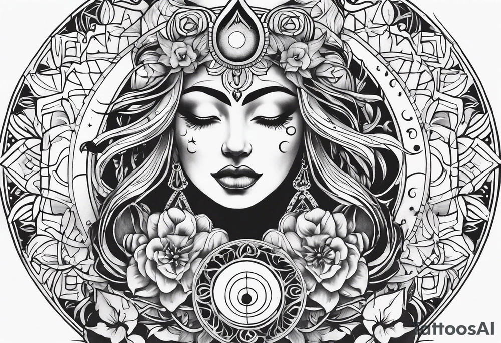 Full sleeve tattoo with large outlines that has the sun and moon intertwined with the 7 chakra symbols that perfectly embodies the divine feminine tattoo idea