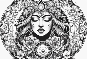 Full sleeve tattoo with large outlines that has the sun and moon intertwined with the 7 chakra symbols that perfectly embodies the divine feminine tattoo idea