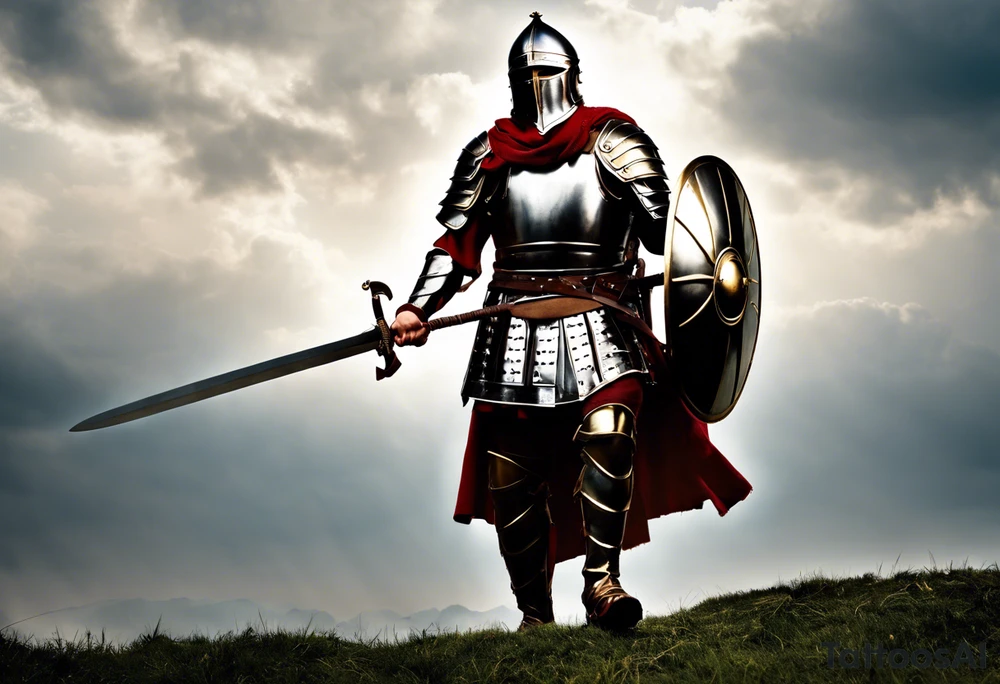 a high ranking roman soldier from AD 60, wearing armour which must include an armoured belt, breastplate, armoured shoes, shield, helmet and sword.
the soldier must look strong. the soldier is faceless. The image must include the full person, not just the top half. The soldier is mid-battle, fending off flaming arrows with his shield tattoo idea