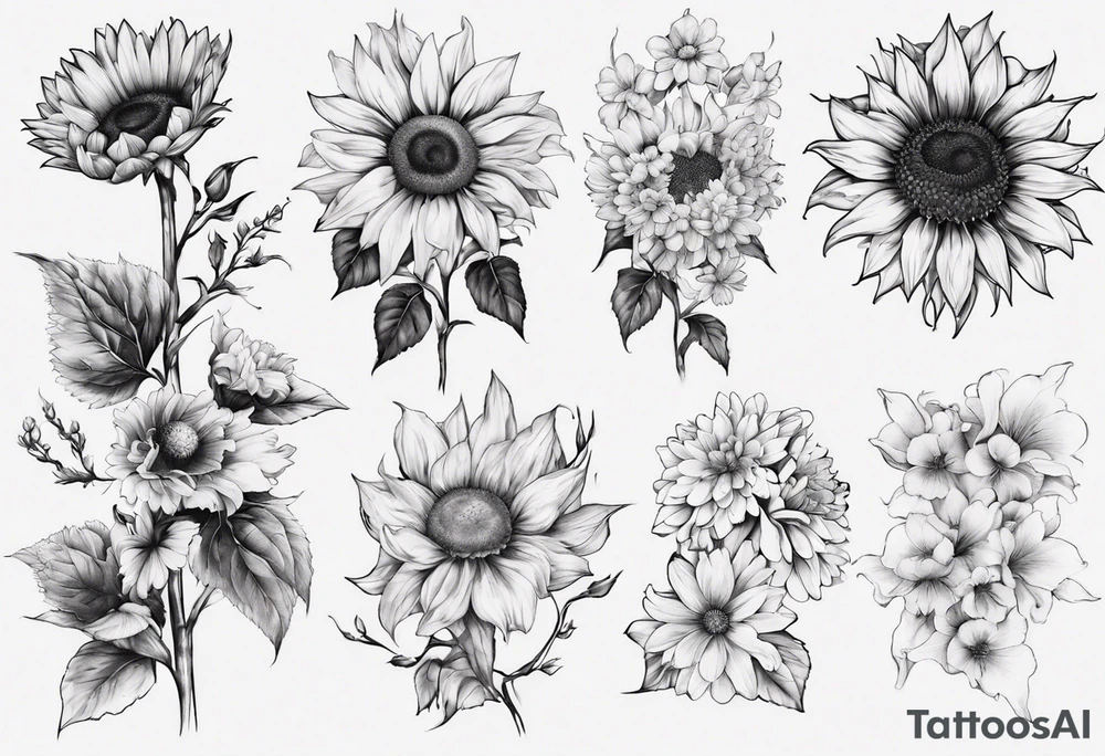 masculine tattoo blackwork
Sunflower, Chrysanthemum, gladiolus, Forget-me-not, Sakura tattoo idea