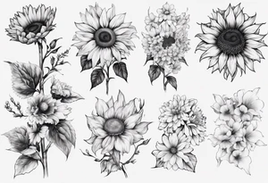 masculine tattoo blackwork
Sunflower, Chrysanthemum, gladiolus, Forget-me-not, Sakura tattoo idea