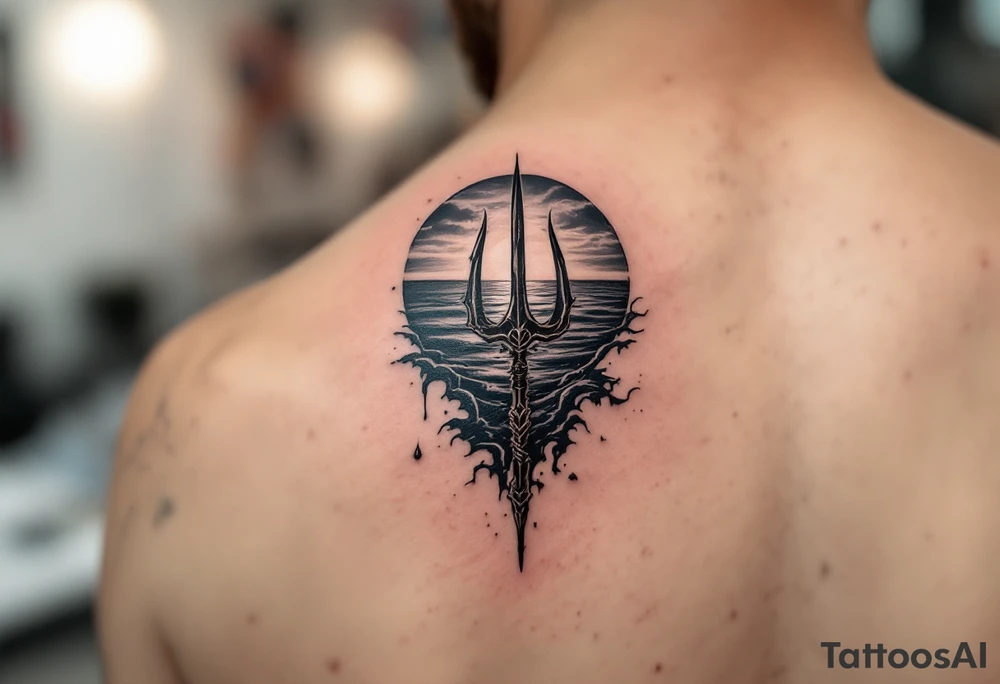 trident with Poseidon half way under calm water at sunset tattoo idea
