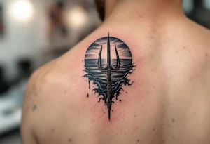 trident with Poseidon half way under calm water at sunset tattoo idea