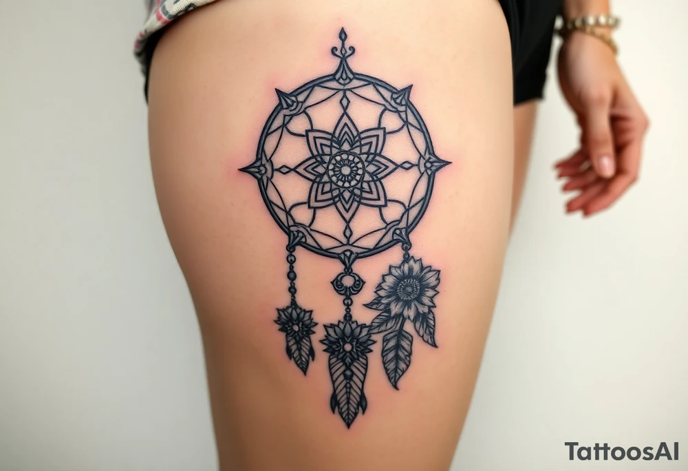 Dreamcatcher with zodiac symbols and protection runes caught in it with tigerlillies roses and sunflowers tattoo idea
