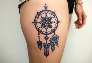 Dreamcatcher with zodiac symbols and protection runes caught in it with tigerlillies roses and sunflowers tattoo idea