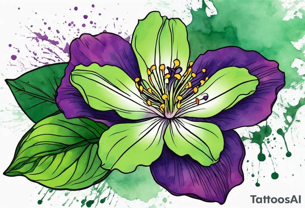 An outline of an only green rio dipladenia flower and a green and purple watercolor splash in the background tattoo idea