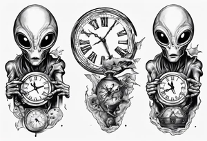 Alien holding a broken clock in hand tattoo idea