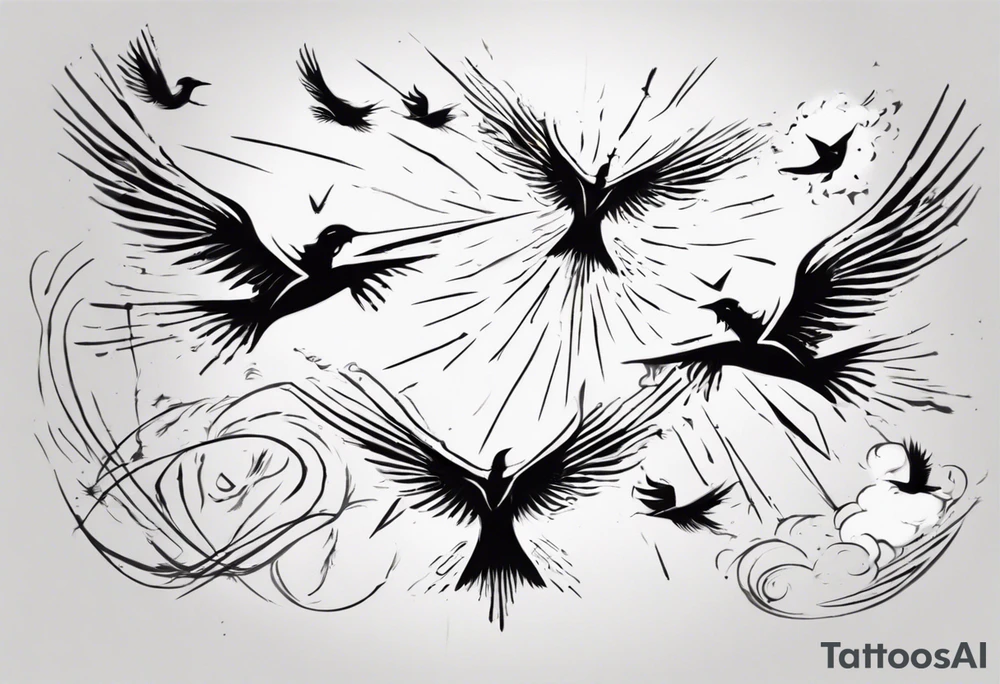 a shoulder tattoo with rays of light, clouds and birds flying free tattoo idea