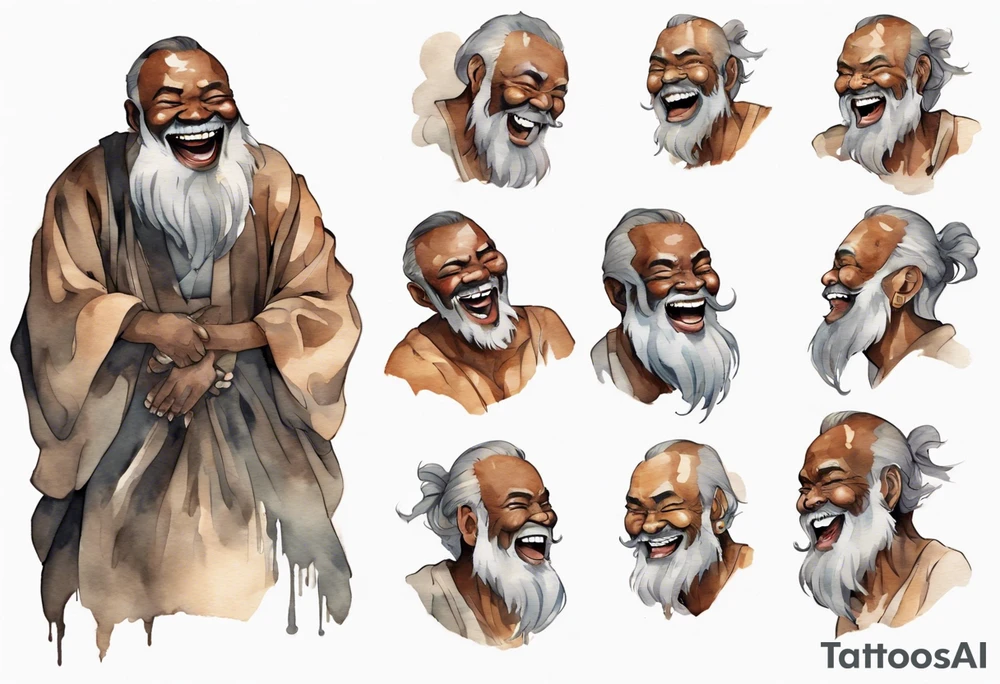 a solitary large man with brown skin with a grey beard laughing tattoo idea