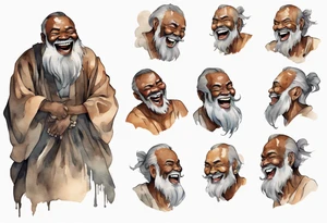 a solitary large man with brown skin with a grey beard laughing tattoo idea