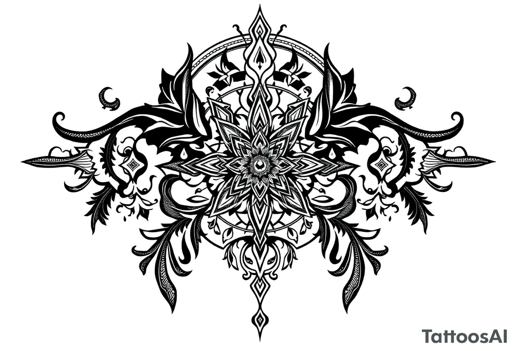 mystical dark and long ornament with shaman and witch style and ancient rhyme tattoo idea